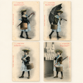 Set of four original A. Bergeret Le Petit Trottin antique French postcards depicting a young Belle Époque fashion messenger, colour-tinted, early 1900s.