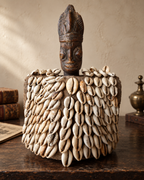 Yoruba female Ere Ibeji figure with cowrie shell cloak displayed in an antique cabinet of curiosities setting