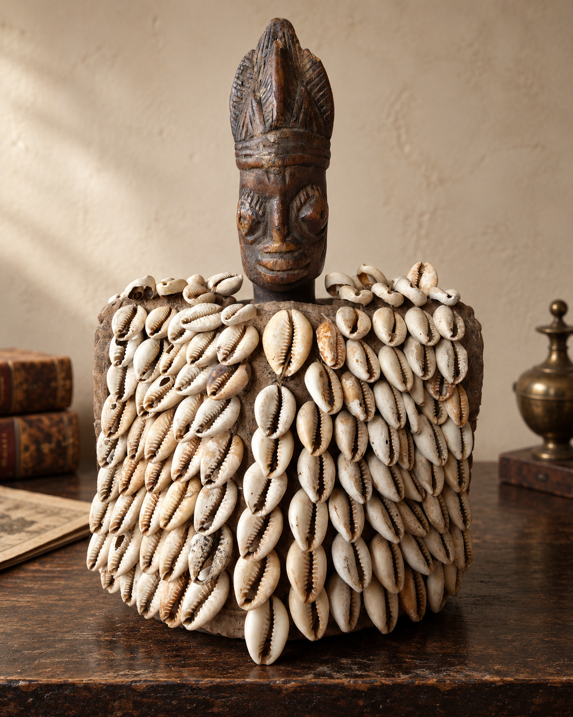 Yoruba female Ere Ibeji figure with cowrie shell cloak displayed in an antique cabinet of curiosities setting