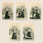 Set of five original Albert Bergeret Petites Bonnes Sœurs antique French postcards depicting theatrical religious scenes with children in period costumes, circa 1900.