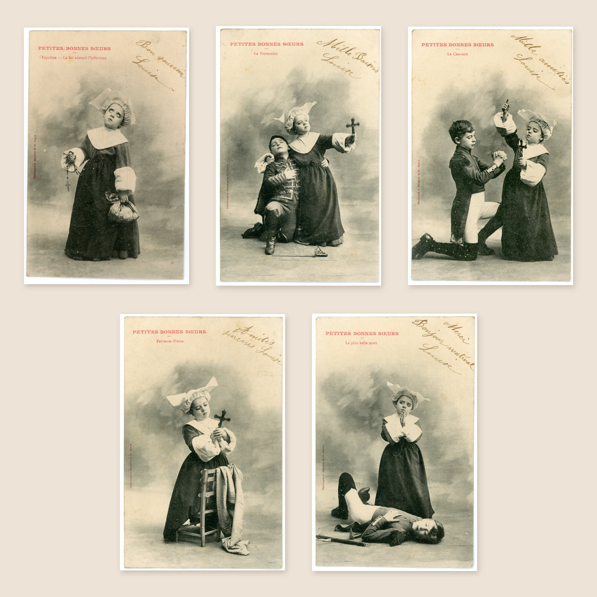 Set of five original Albert Bergeret Petites Bonnes Sœurs antique French postcards depicting theatrical religious scenes with children in period costumes, circa 1900.