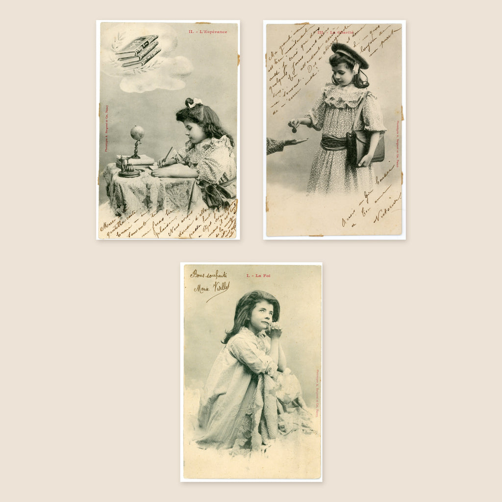 Set of three original Albert Bergeret antique French postcards depicting the theological virtues Faith, Hope and Charity, Belle Époque circa 1903.