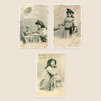 Set of three original Albert Bergeret antique French postcards depicting the theological virtues Faith, Hope and Charity, Belle Époque circa 1903.