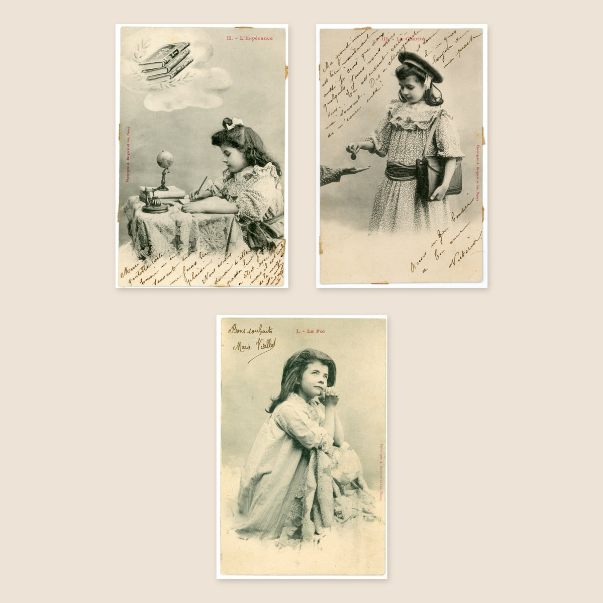 Set of three original Albert Bergeret antique French postcards depicting the theological virtues Faith, Hope and Charity, Belle Époque circa 1903.