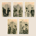 Complete set of five original Albert Bergeret French postcards, Le Thermomètre du Ménage, a humorous Belle Époque romance illustrated with couples and a thermometer, circa 1904.
