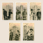 Complete set of five original Albert Bergeret French postcards, Le Thermomètre du Ménage, a humorous Belle Époque romance illustrated with couples and a thermometer, circa 1904.