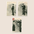 Complete set of three original Albert Bergeret French postcards, Le Premier Rendez-vous, arranged together to illustrate a humorous Belle Époque courtship story, with vintage photographic portraits and handwritten correspondence, circa 1905.