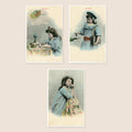 Set of three original antique French colorized Bergeret postcards showing Faith, Hope and Charity, with Belle Époque childhood portraits, circa 1905.
