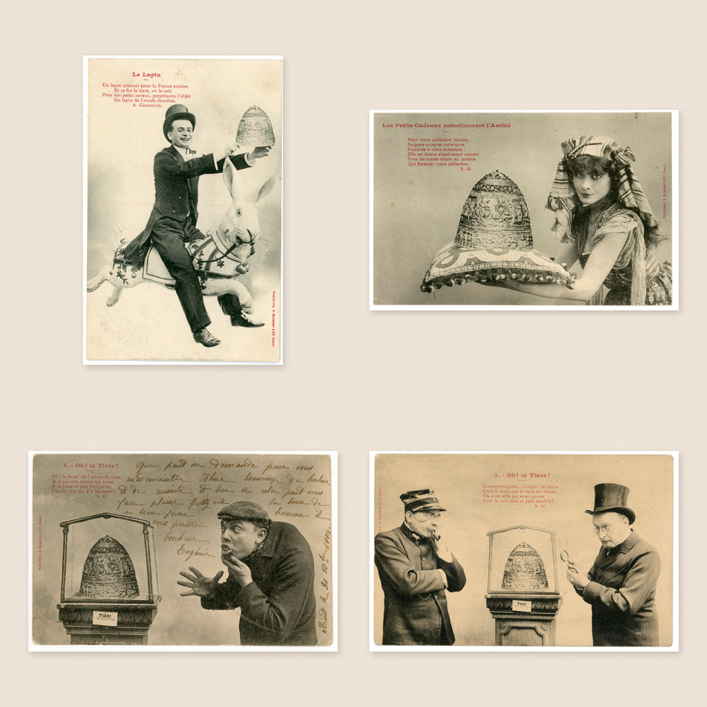 Collection of four original antique French Bergeret postcards featuring the Tiara of Saitaphernes Louvre forgery scandal, Belle Époque photographic humour and historical satire.