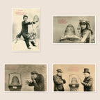 Collection of four original antique French Bergeret postcards featuring the Tiara of Saitaphernes Louvre forgery scandal, Belle Époque photographic humour and historical satire.
