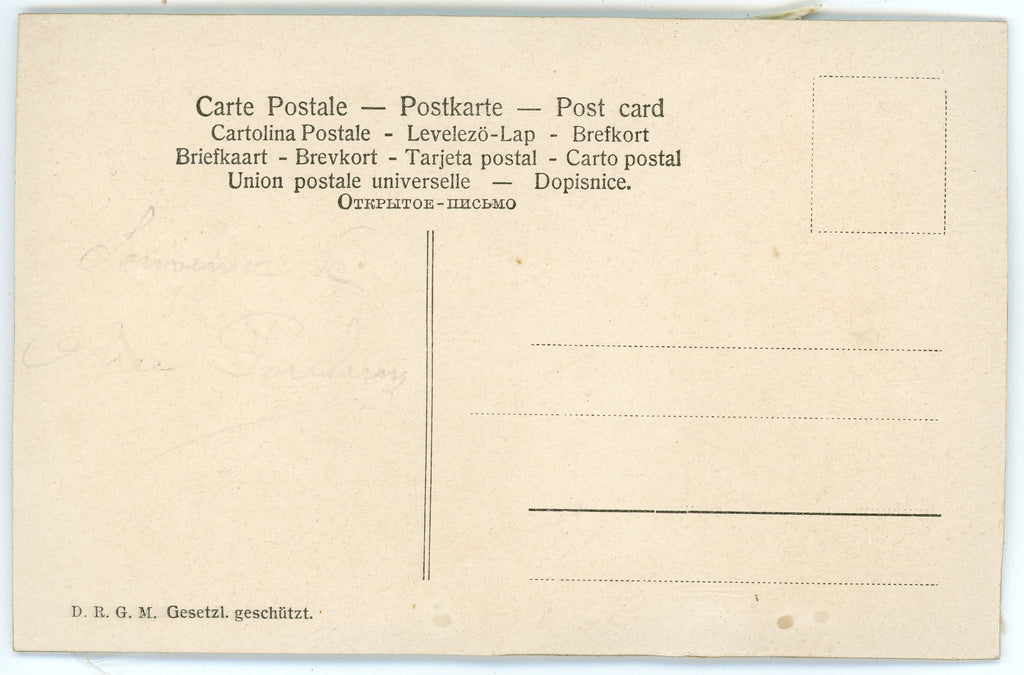 Reverse of an antique postcard with multilingual headings, faint pencil traces, an empty stamp box and the printed marking D.R.G.M. Gesetzl. geschützt.