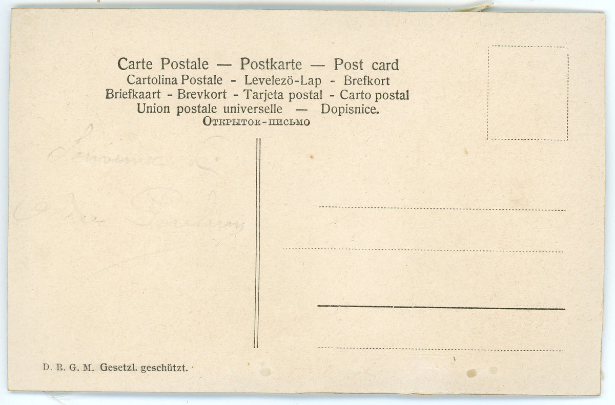 Reverse of an antique postcard with multilingual headings, faint pencil traces, an empty stamp box and the printed marking D.R.G.M. Gesetzl. geschützt.