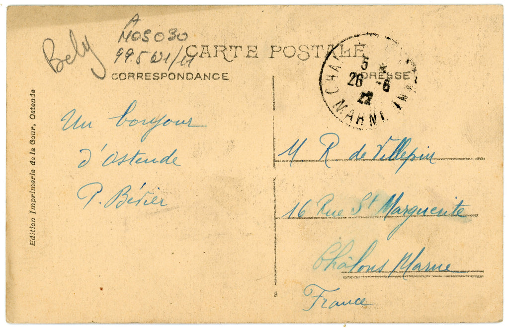 Reverse of the Ostend postcard with handwritten French correspondence in blue ink, an address in Châlons-sur-Marne and a postal cancellation.