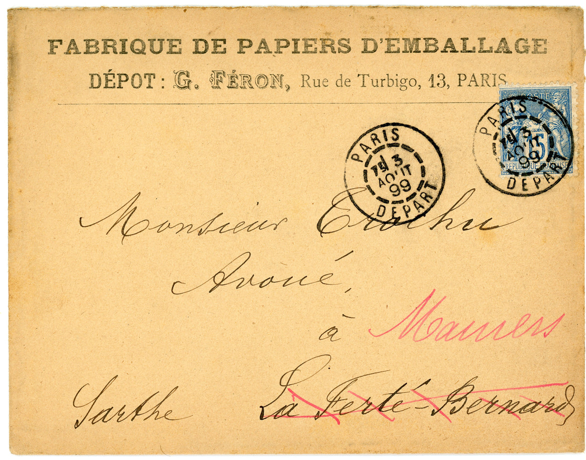 Original stamped envelope accompanying a French business letter, Paris 1899