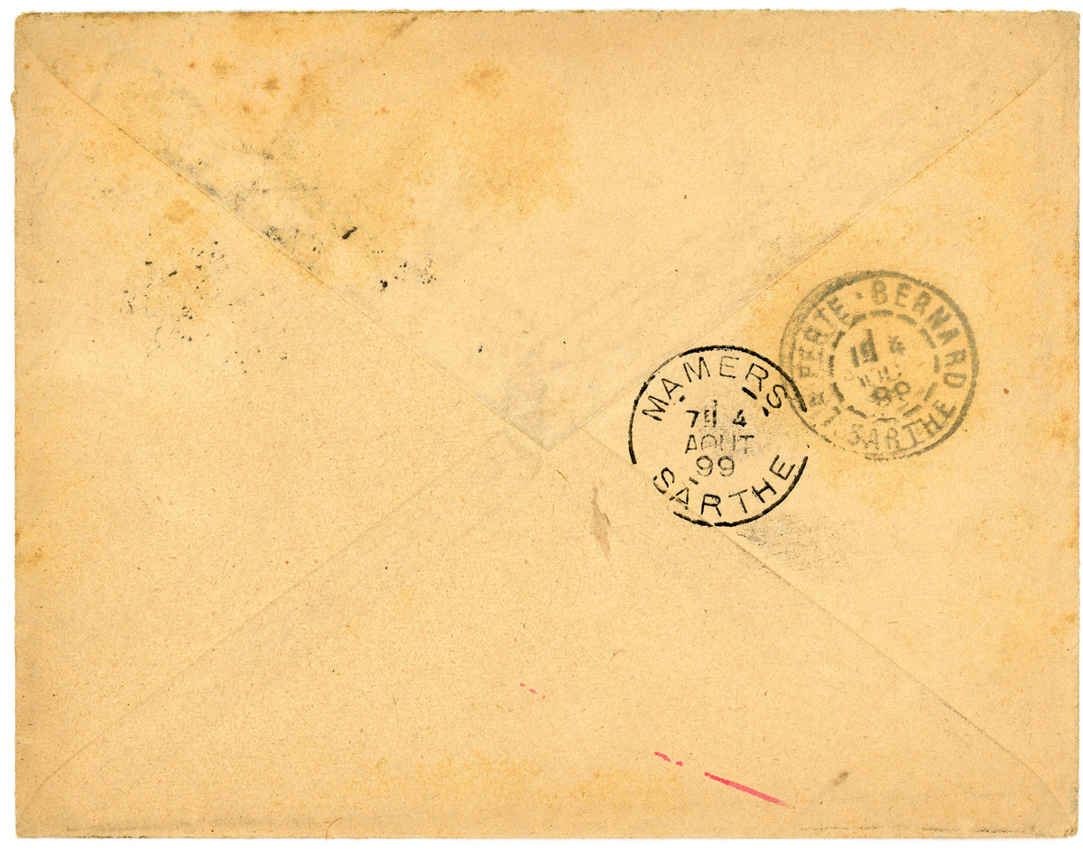 Reverse of antique French envelope with postal marks, Paris 1899