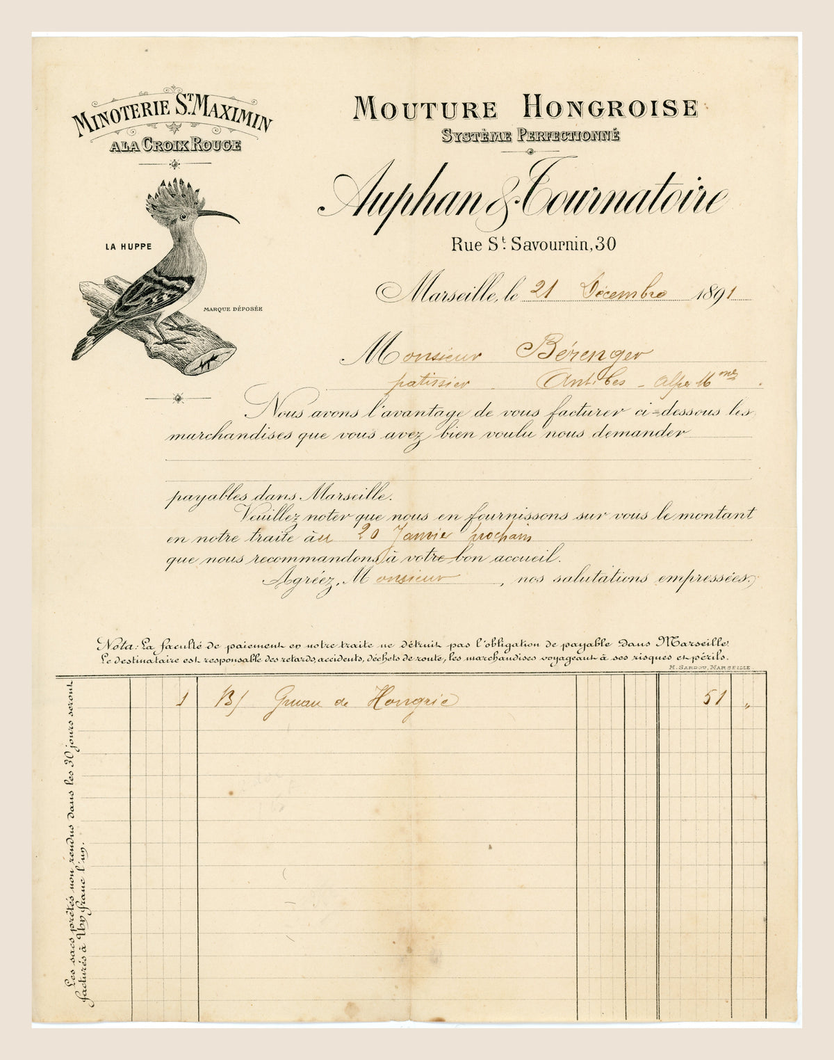 1891 Auphan & Fournatoire French flour mill invoice from Marseille with illustrated letterhead