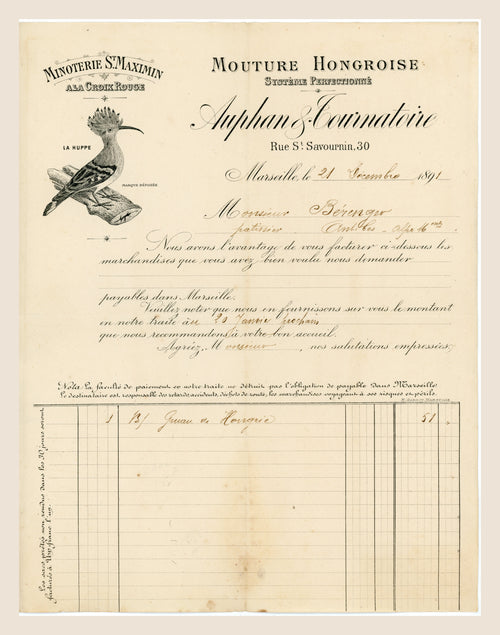 1891 Auphan & Fournatoire French flour mill invoice from Marseille with illustrated letterhead