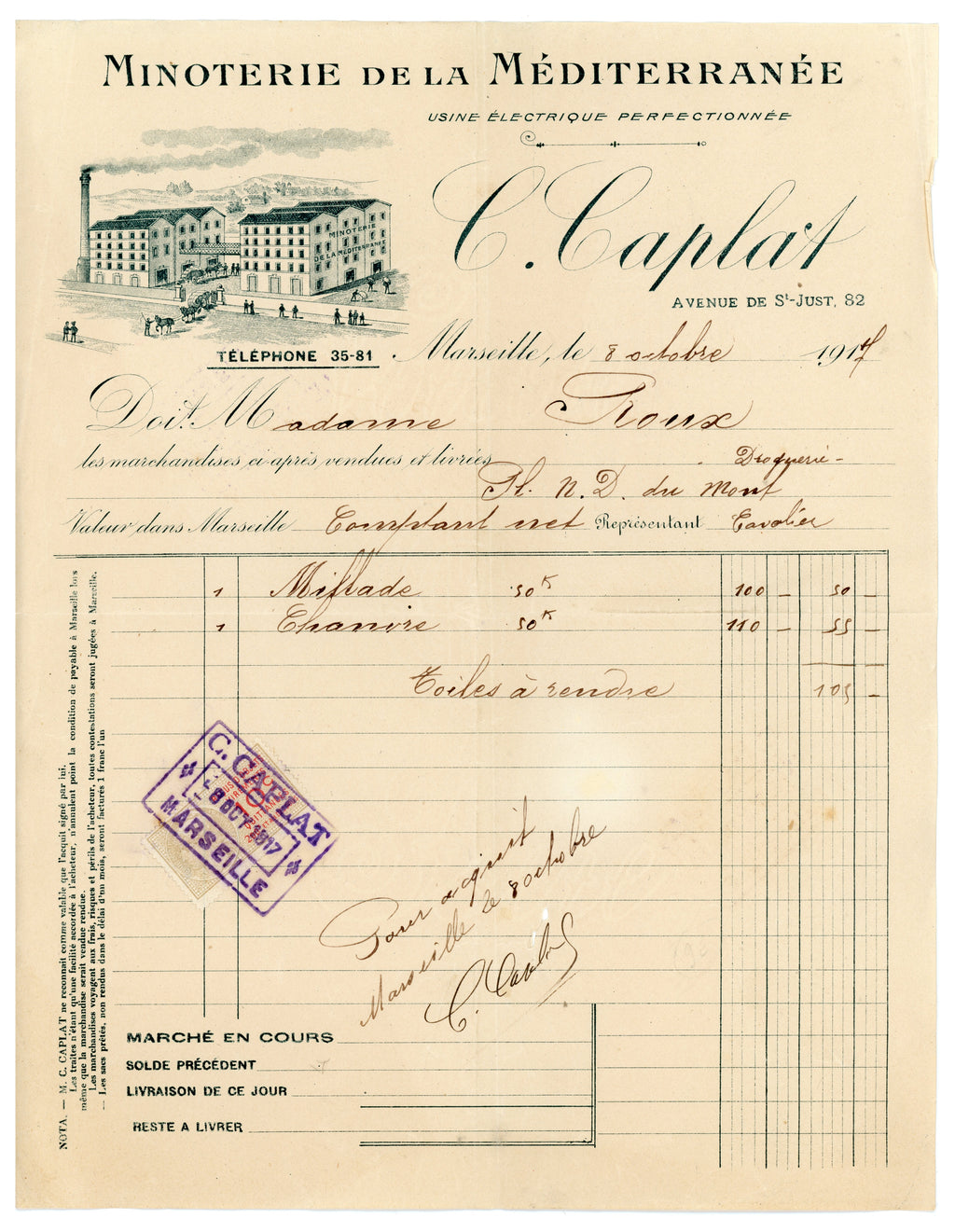 Antique French commercial flour mill invoice from Marseille dated 1917