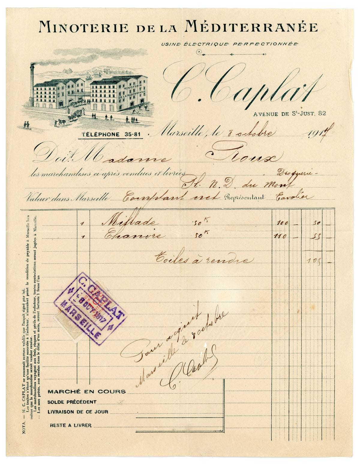 Antique French commercial flour mill invoice from Marseille dated 1917
