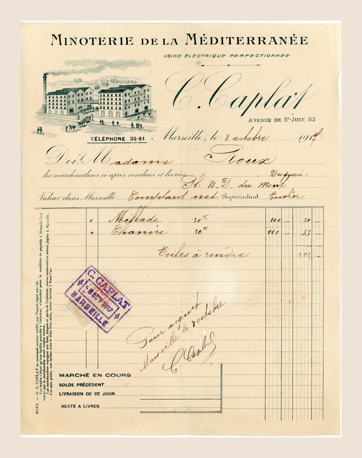 1917 Minoterie de la Méditerranée French flour mill invoice from Marseille