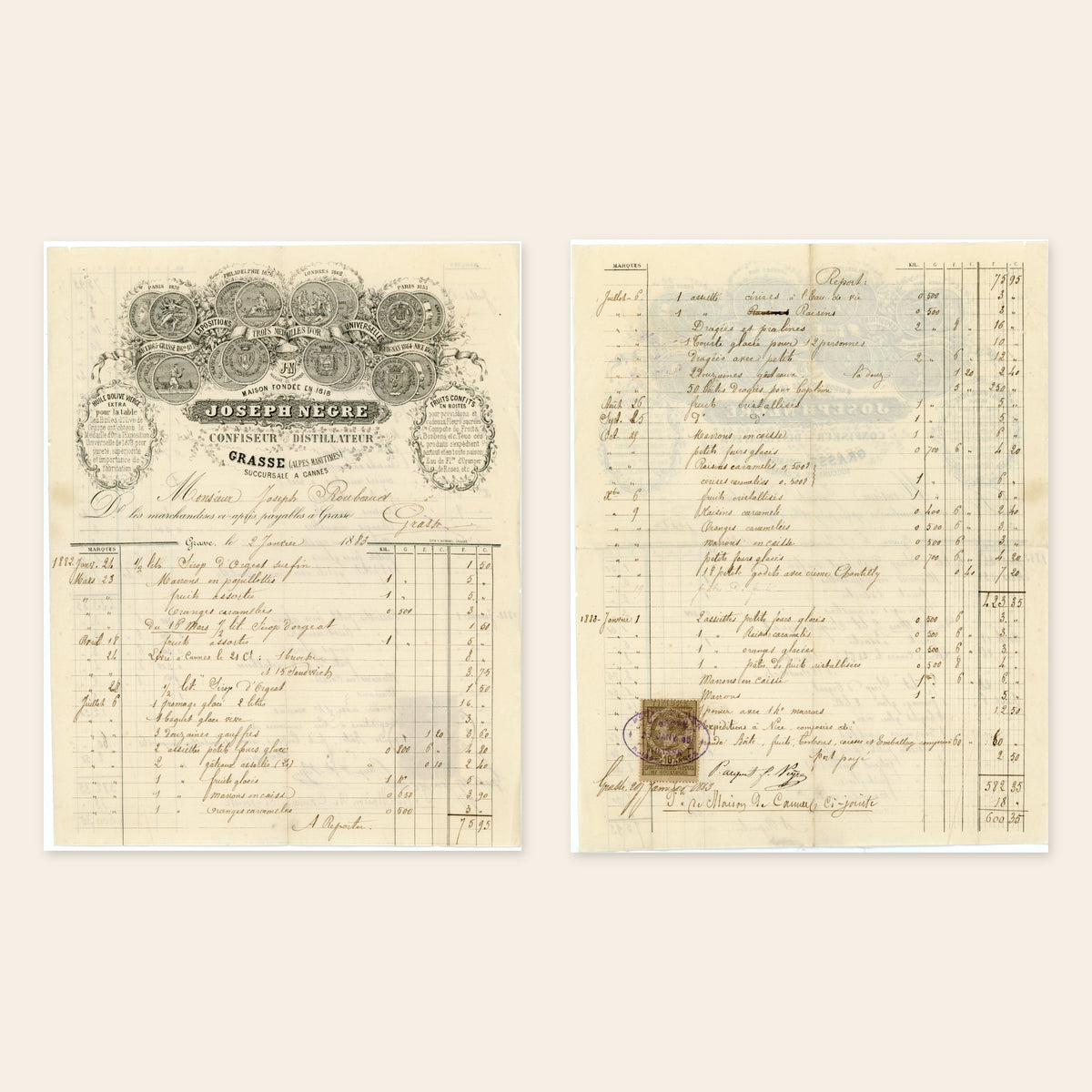 1883 Joseph Nègre French confectionery invoice from Grasse, shown front and back