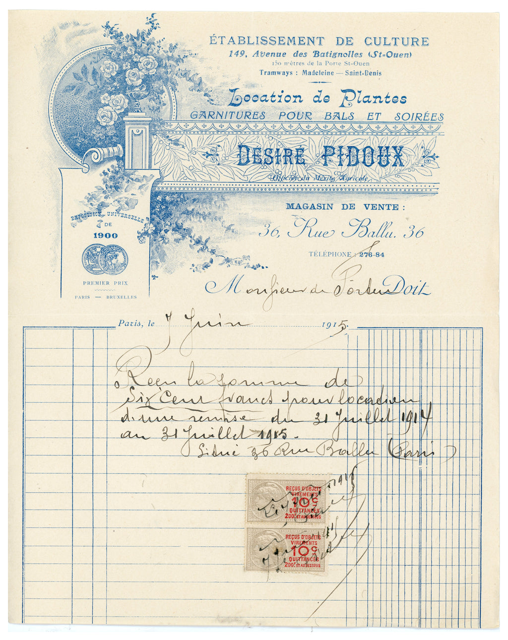 Antique French horticultural receipt with illustrated floral letterhead, Paris 1915