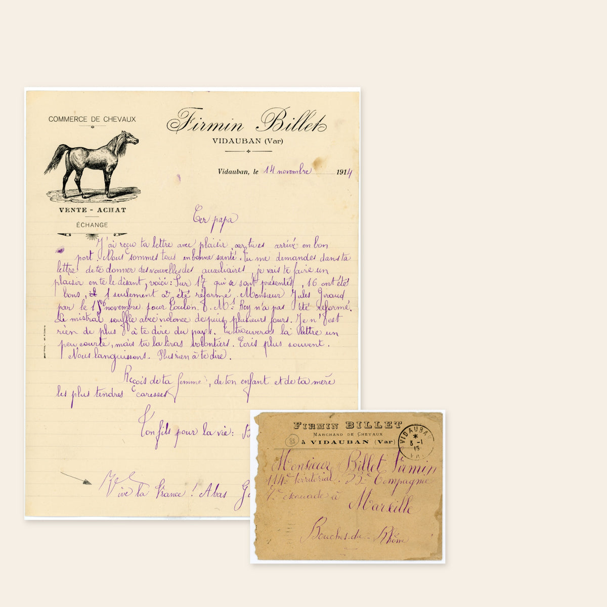 1914 French WWI family letter with original envelope, Firmin Billet horse dealer, Vidauban