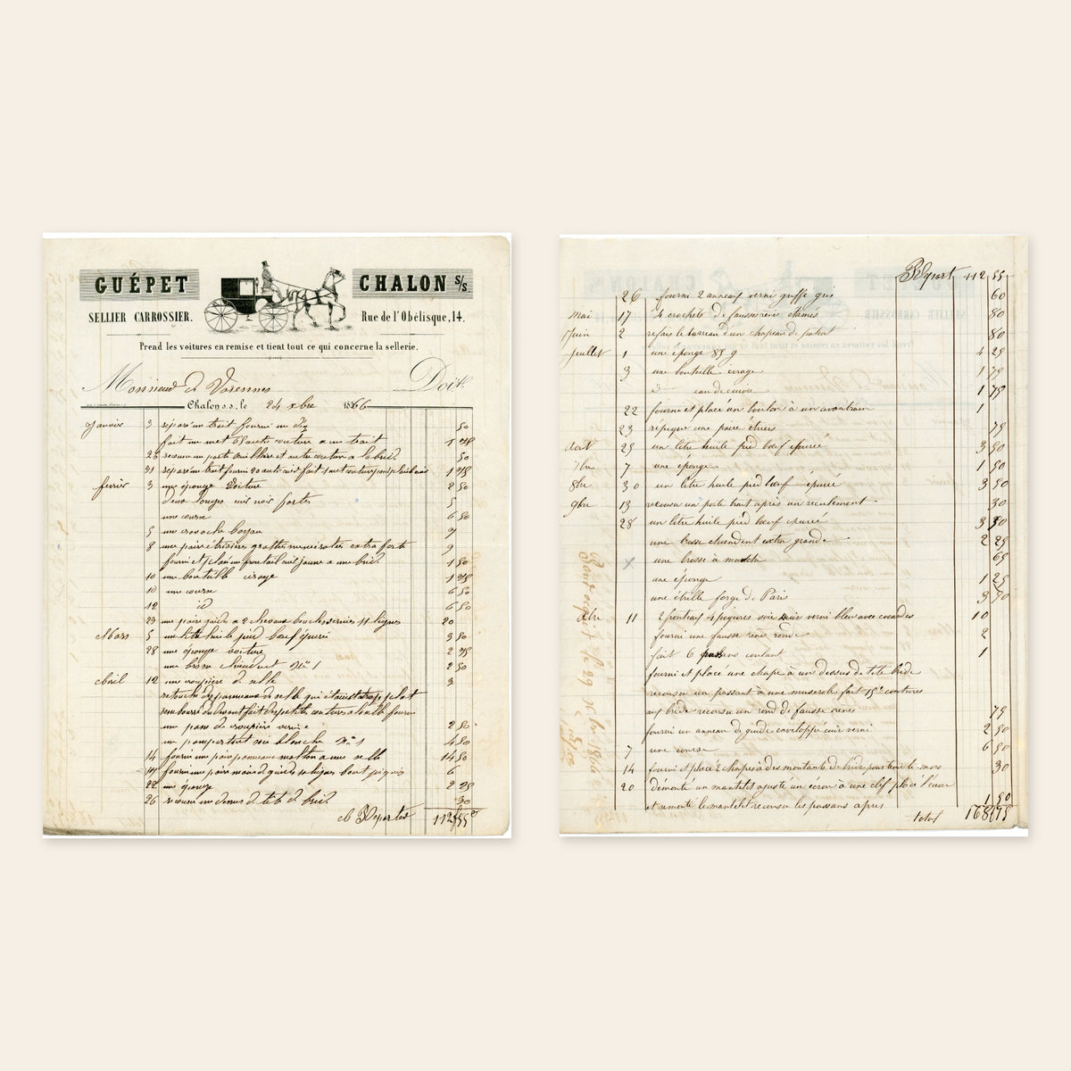 1866 Guépet French saddler and coachbuilder invoice from Chalon-sur-Saône