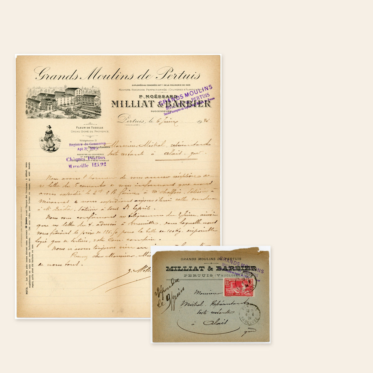 1924 Grands Moulins de Pertuis French flour mill letter with original stamped envelope