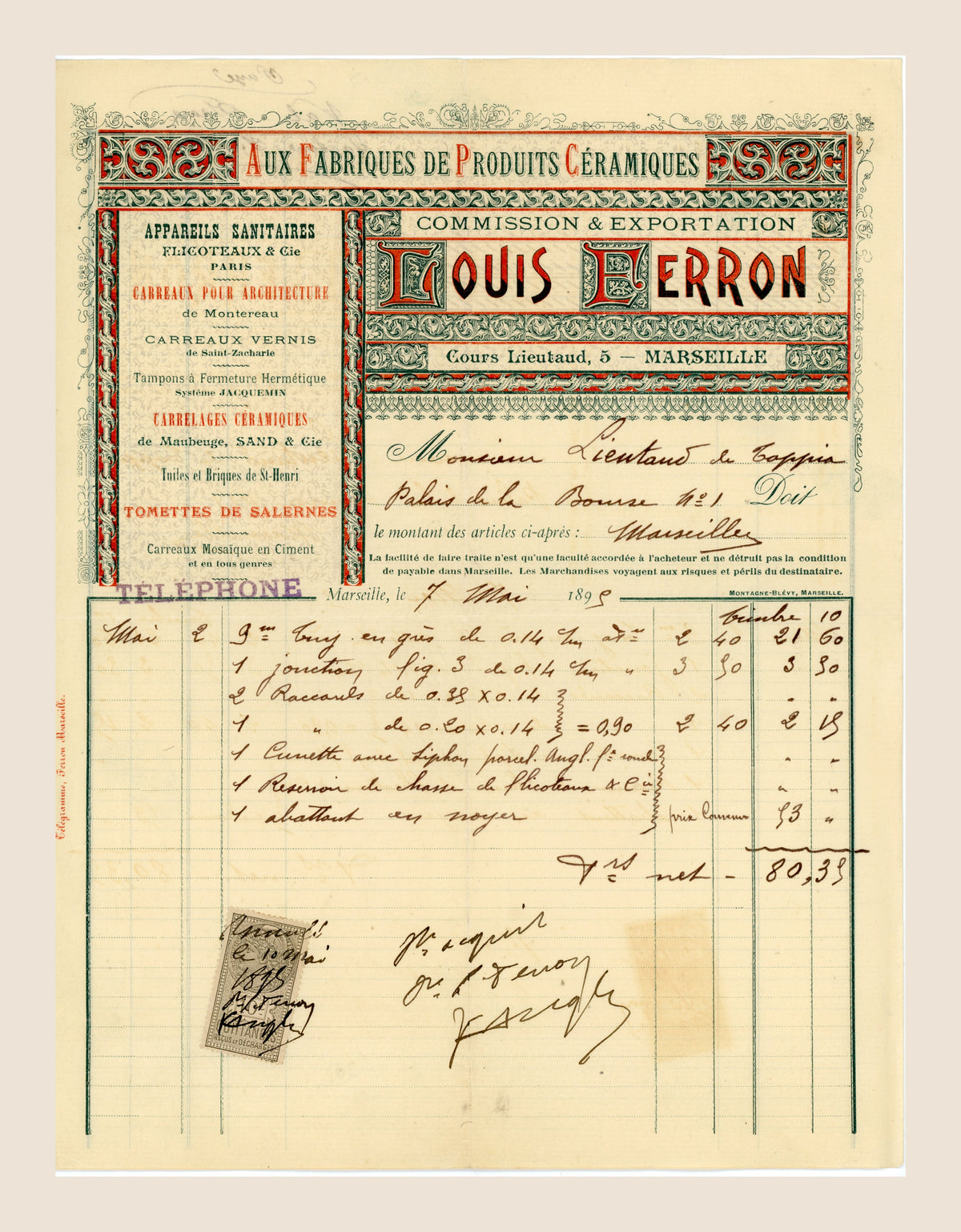 Antique French ceramic trade invoice with handwritten entries, dated 1898