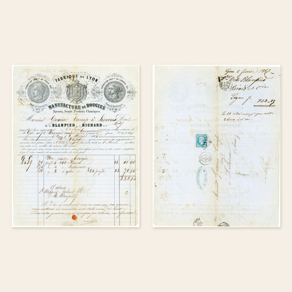 1865 Blanpied Richard & Cie French candle and soap invoice from Lyon