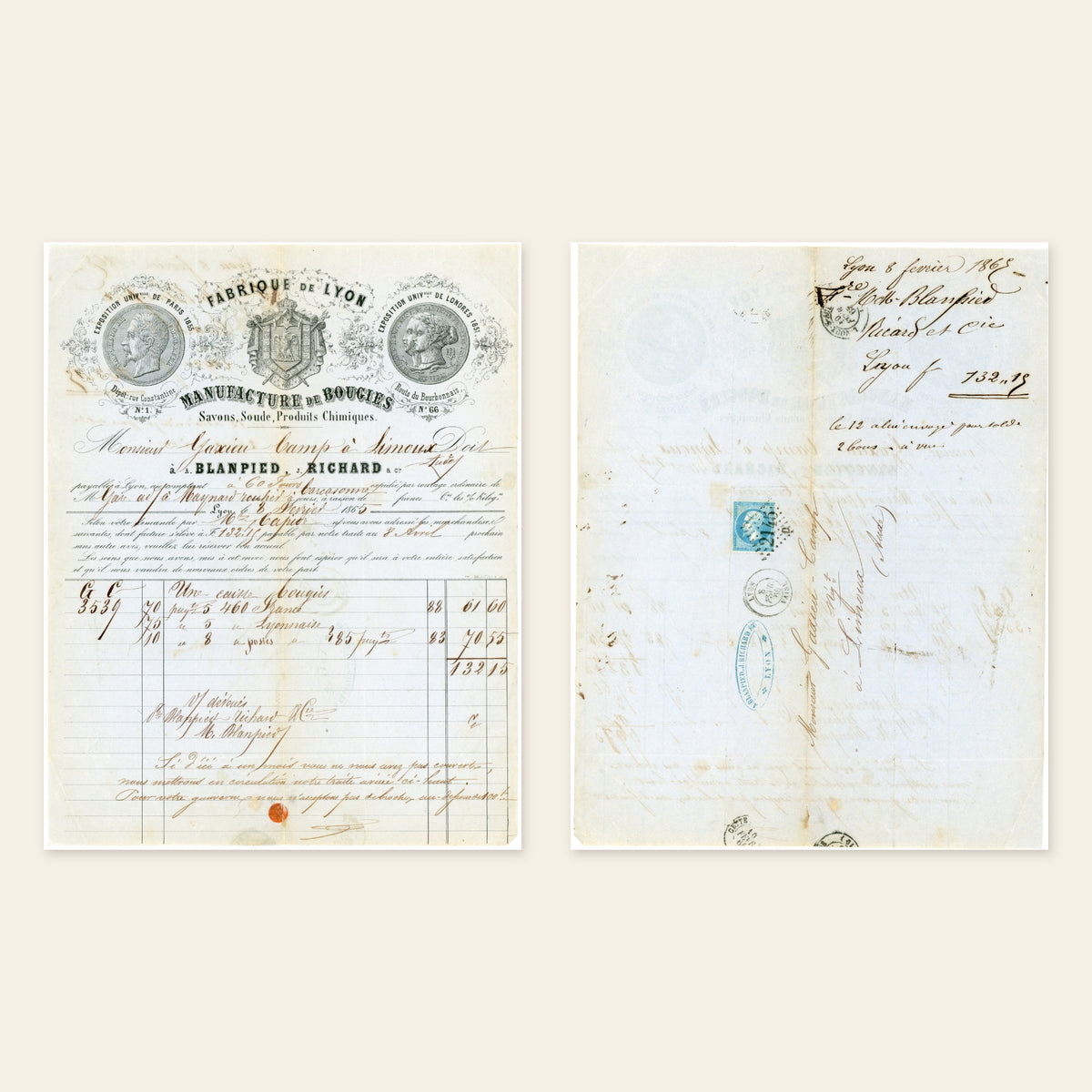 1865 Blanpied Richard & Cie French candle and soap invoice from Lyon