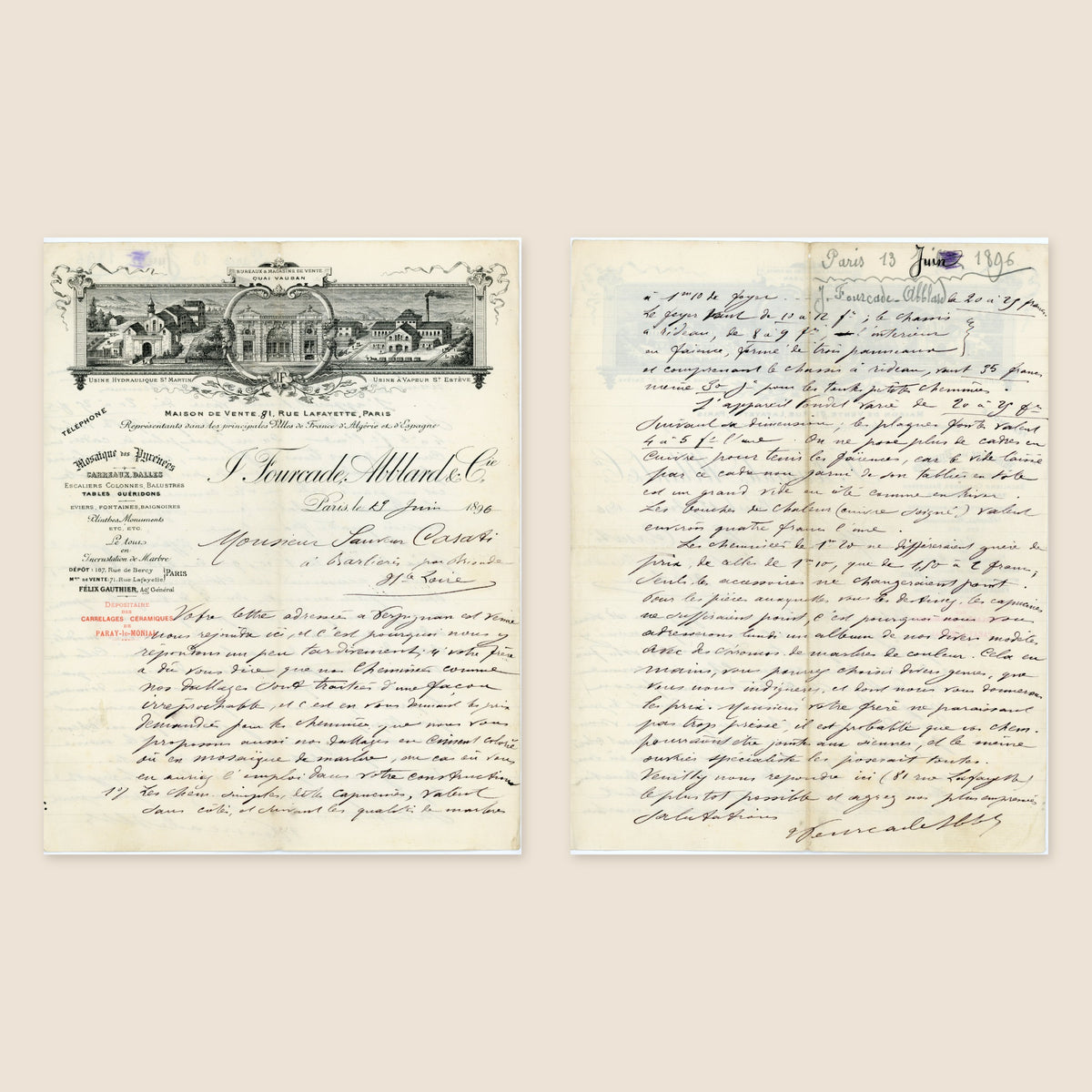 1. Original front and reverse views of 1896 Fourcade Ablard commercial letter