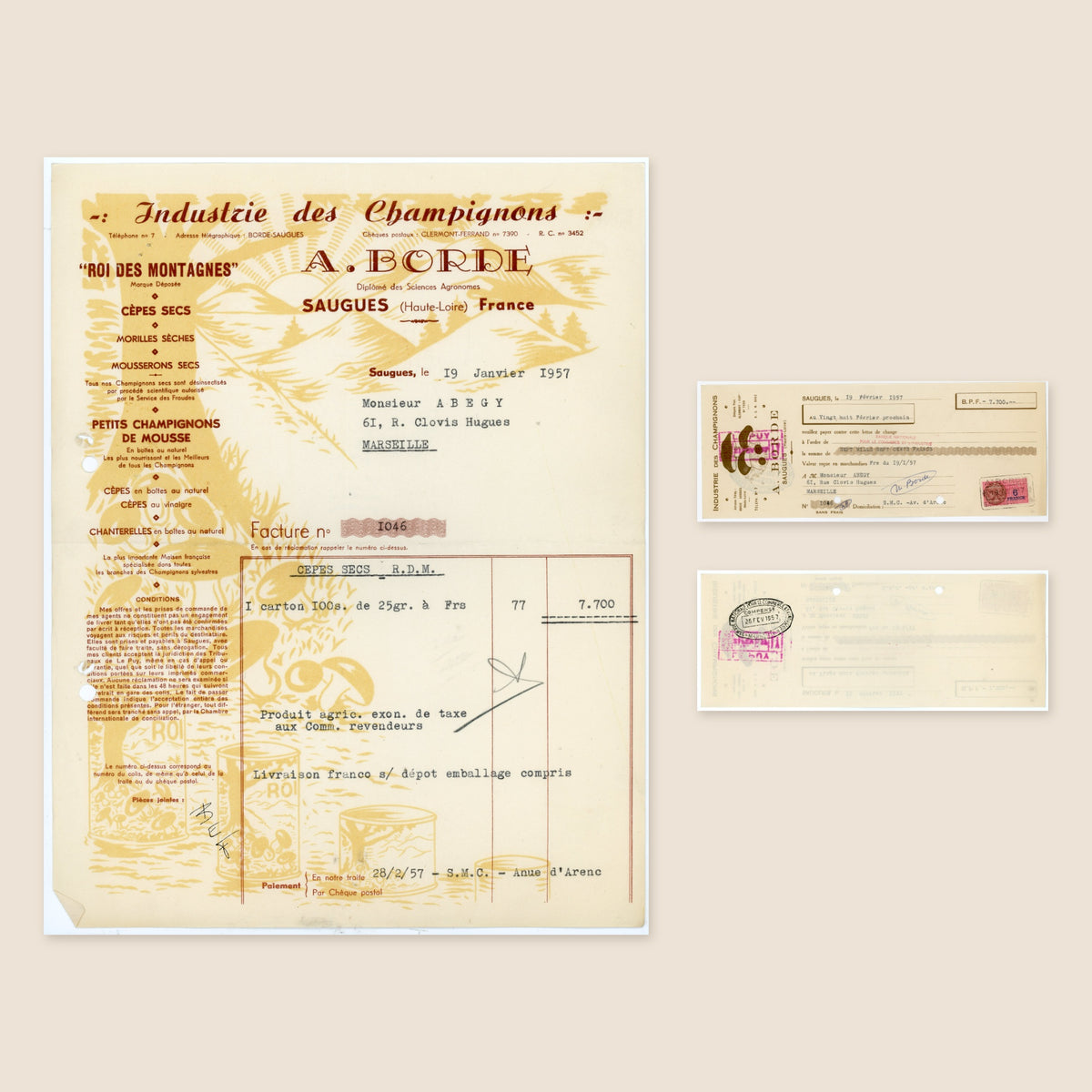 1957 A. Borde French mushroom trade invoice with matching bill of exchange from Saugues