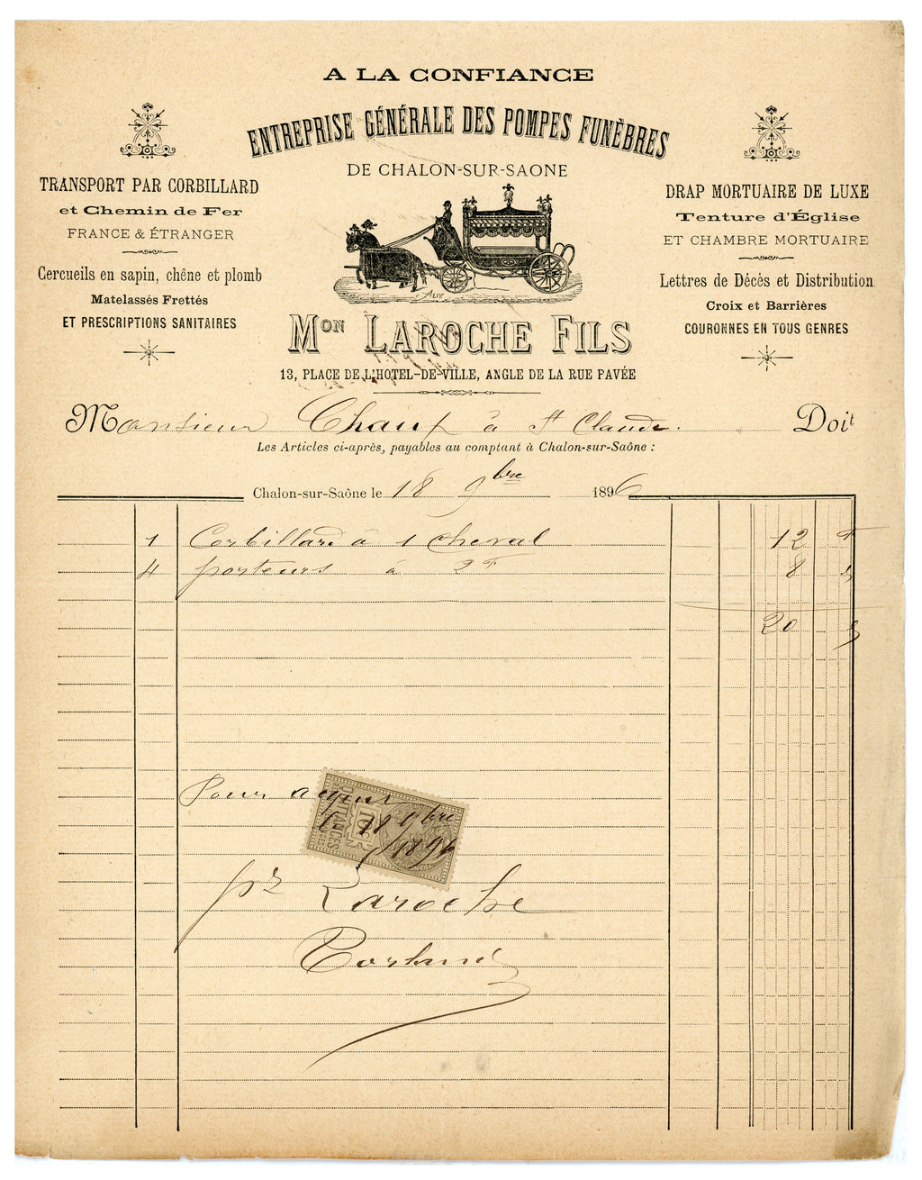1896 French funeral trade invoice with illustrated undertaker letterhead