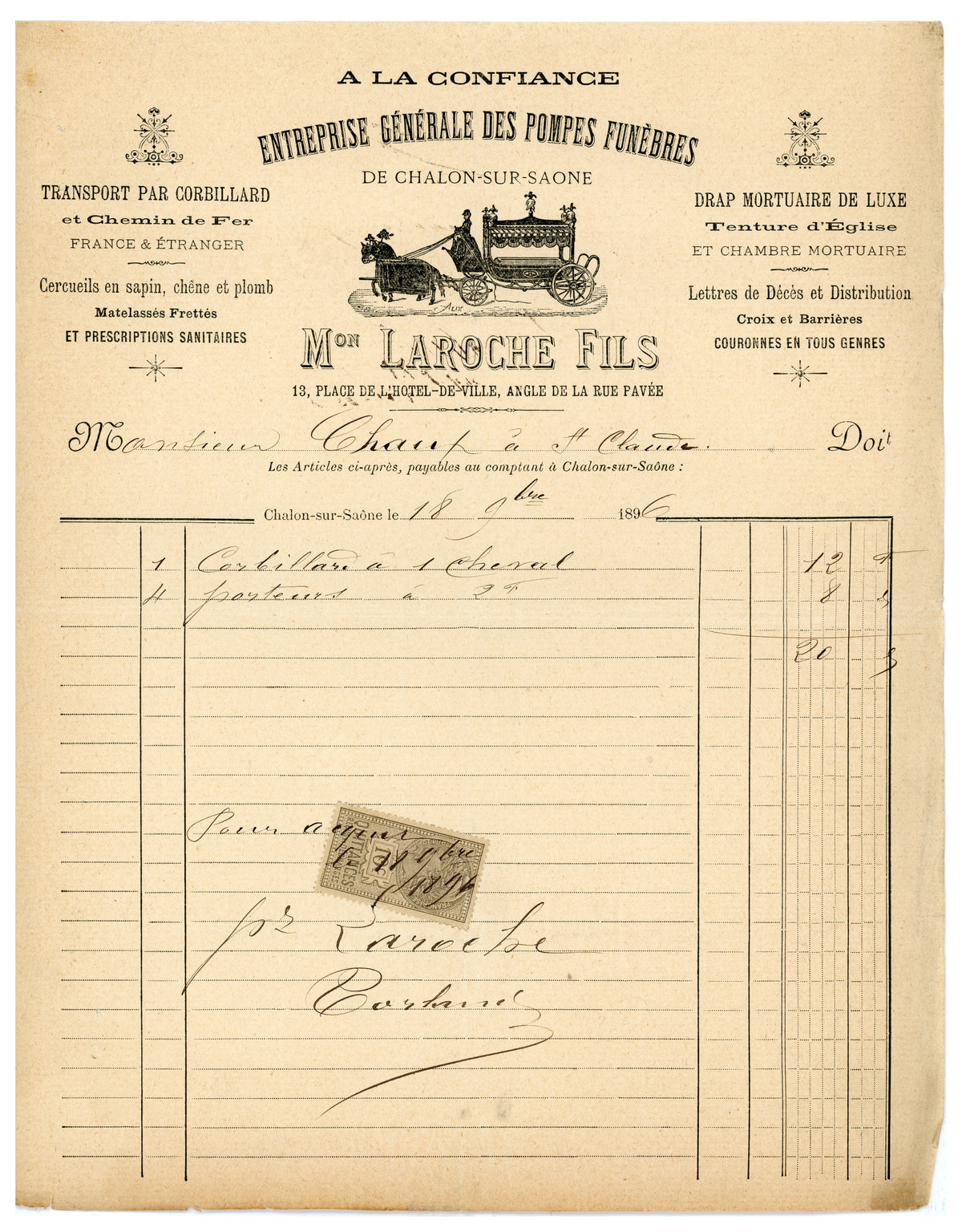 1896 French funeral trade invoice with illustrated undertaker letterhead