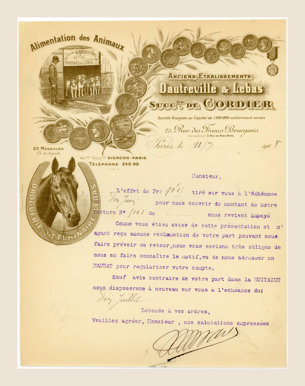 1907 Dautreville & Lebas French veterinary trade letter from Paris
