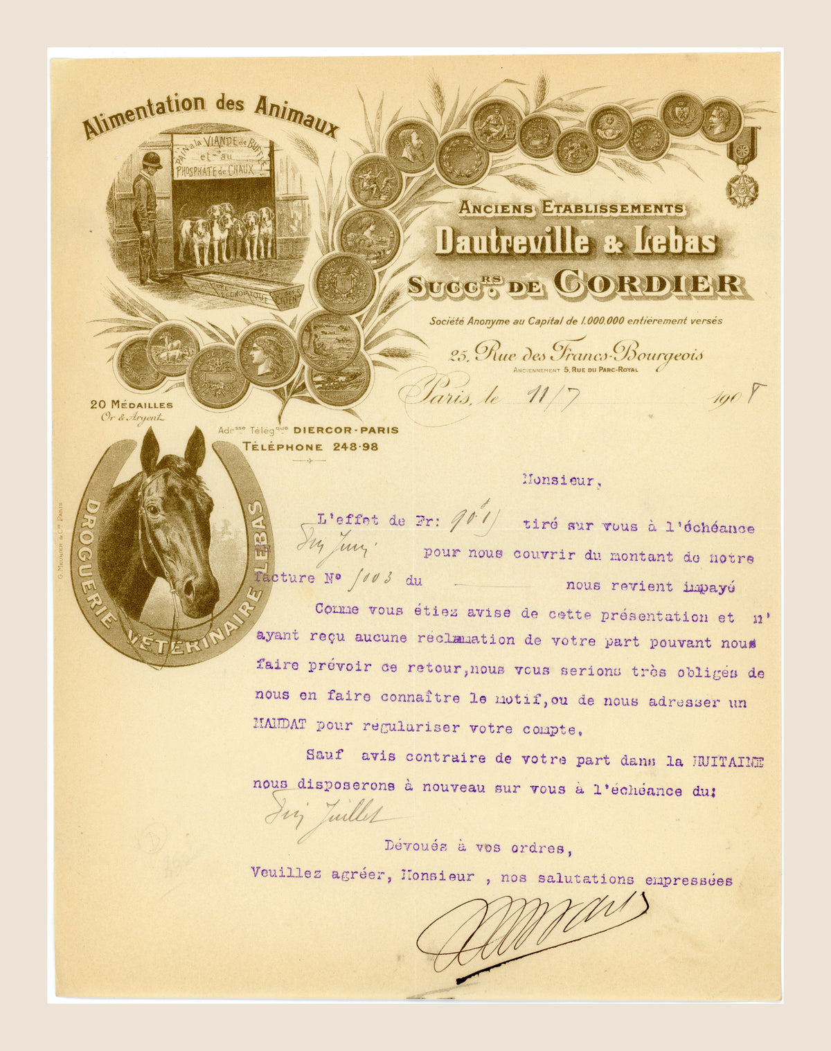 1907 Dautreville & Lebas French veterinary trade letter from Paris