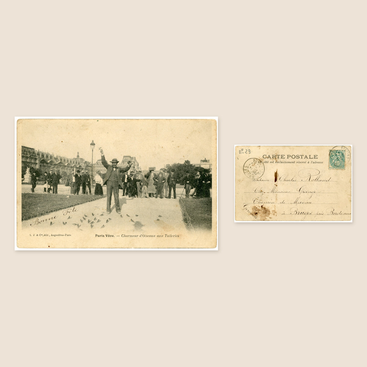 Paris Vécu – Bird Charmer at the Tuileries – Antique French Postcard
