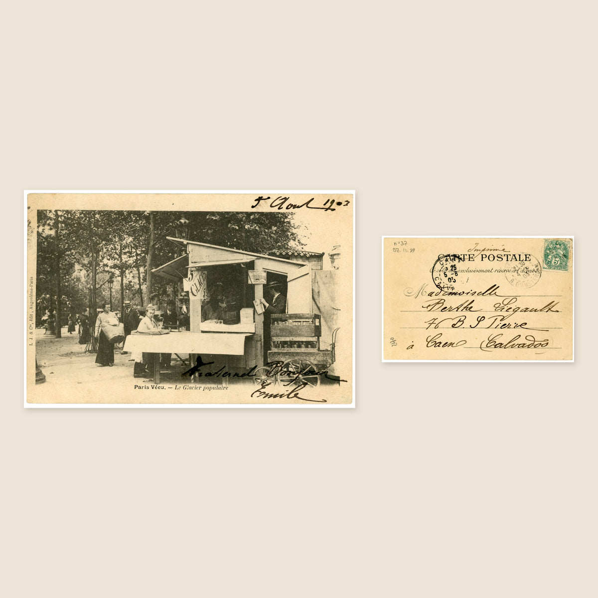 Paris Vécu – Le Glacier populaire (Popular Ice Cream Kiosk) – Antique French Postcard