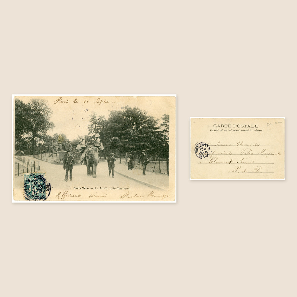Paris Vécu – Elephant Ride at the Jardin d’Acclimatation – Antique French Postcard