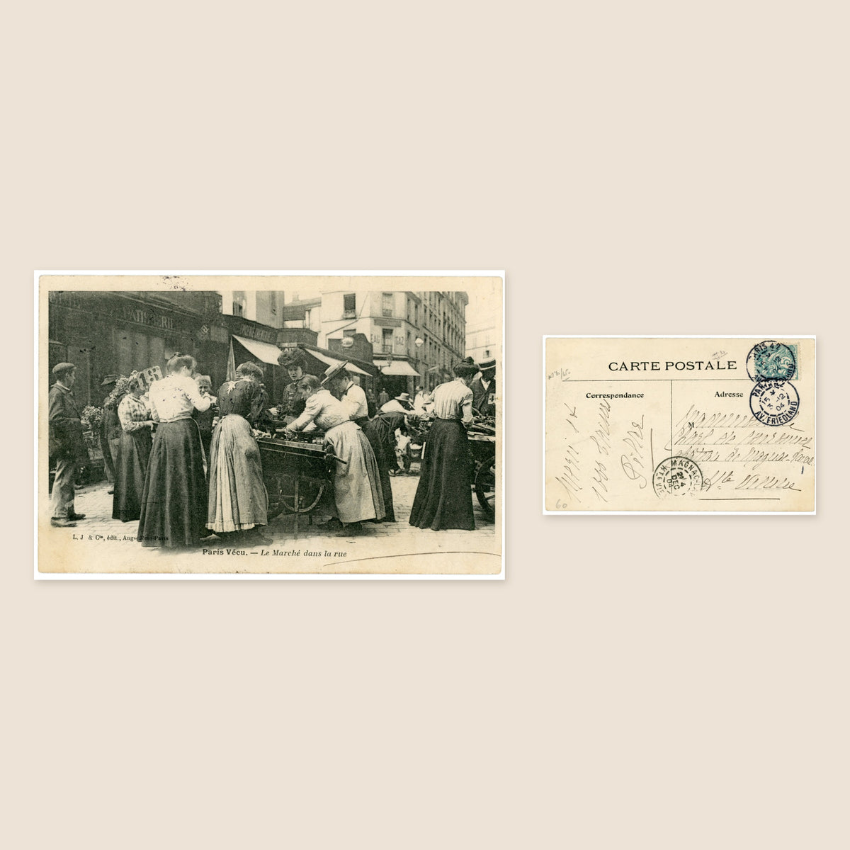 Paris Vécu – Street Market in Paris – Antique French Postcard