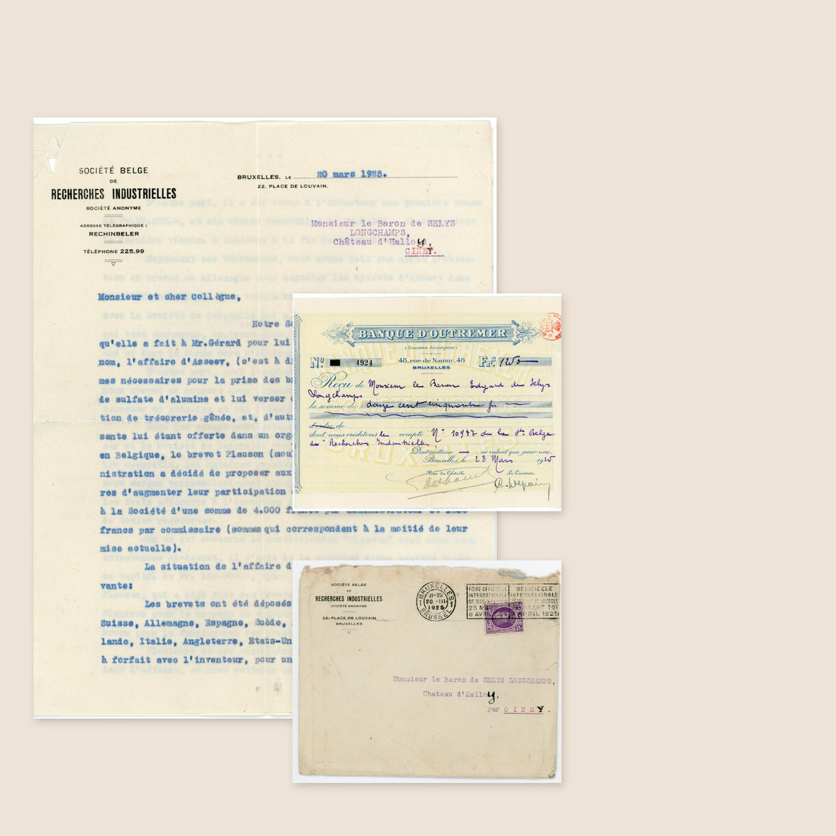1925 Belgian Industrial Research Letter & Banque d’Outremer Receipt – Selys Longchamps Archive