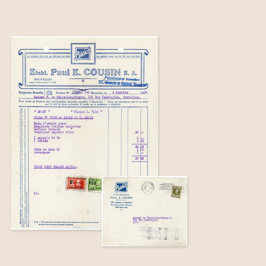 1930 Buick Brussels Invoice & Envelope – Madame de Selys-Longchamps