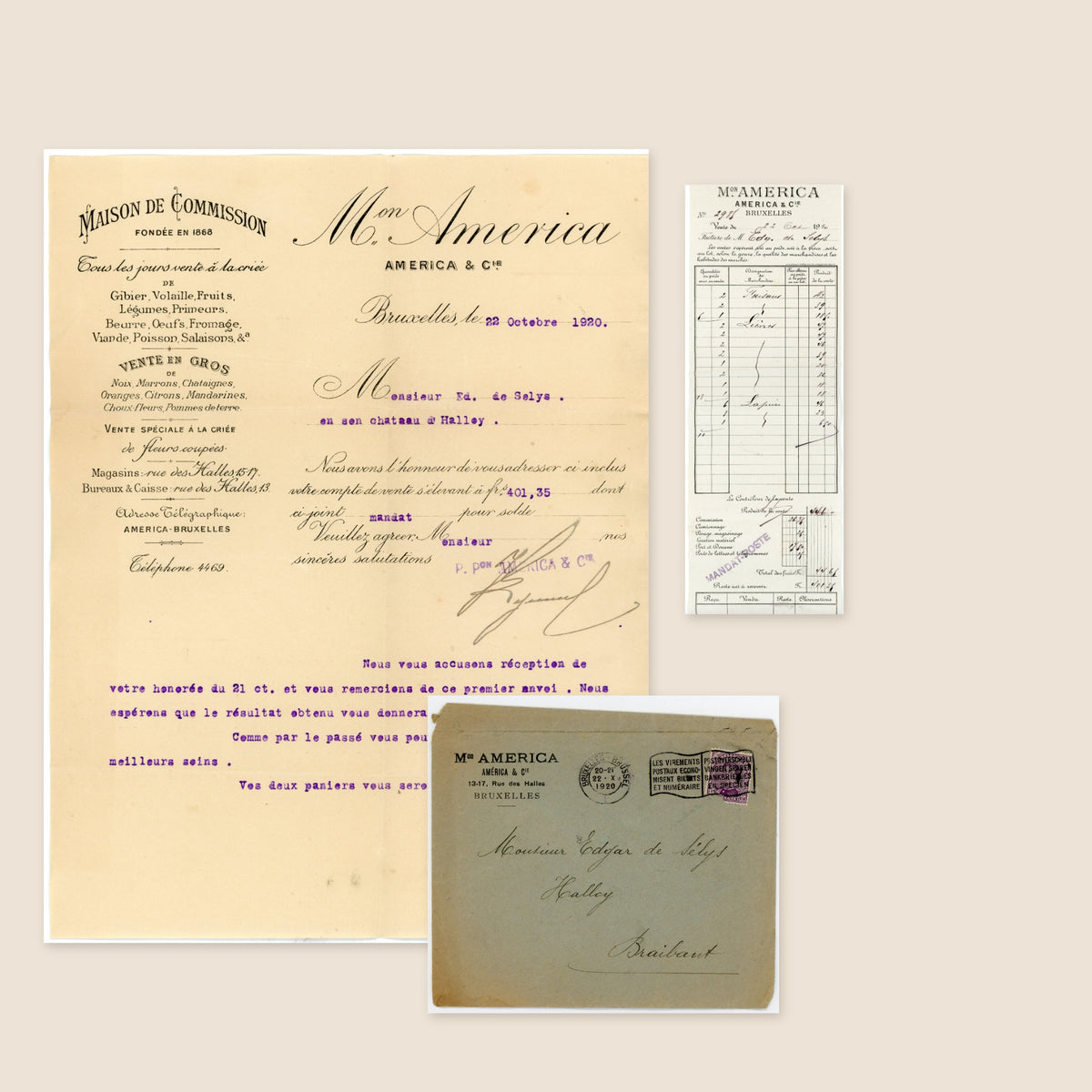 1920 Brussels Game Market Letter & Auction Invoice – Selys Longchamps Archive