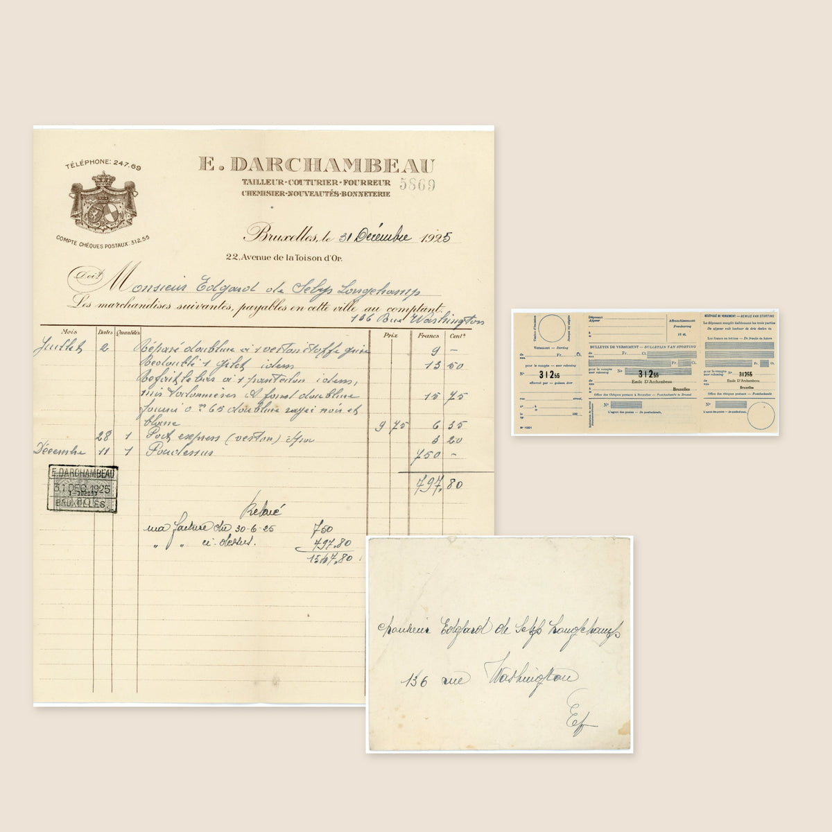 1925 Brussels Tailor & Furrier Invoice – E. Darchambeau – Selys Longchamps Archive