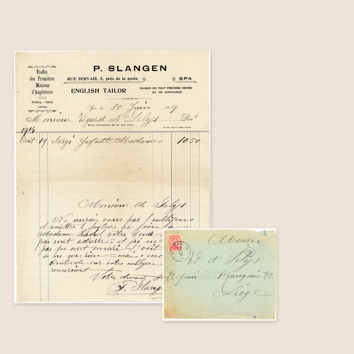 1919 English Tailor Invoice from Spa – P. Slangen – Selys Longchamps Archive