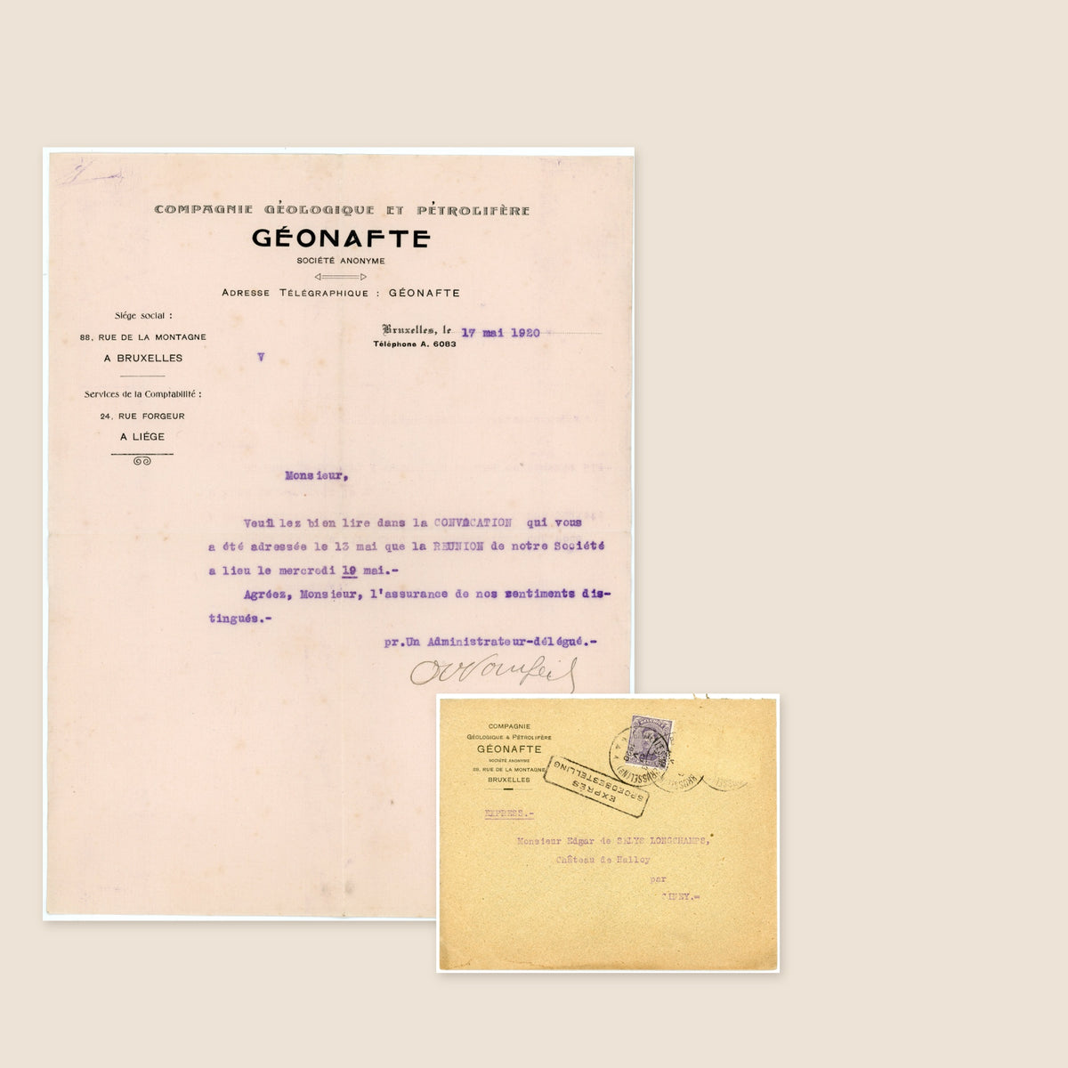 1920 Géonafte Geological & Petroleum Company Letter – Selys Longchamps Archive