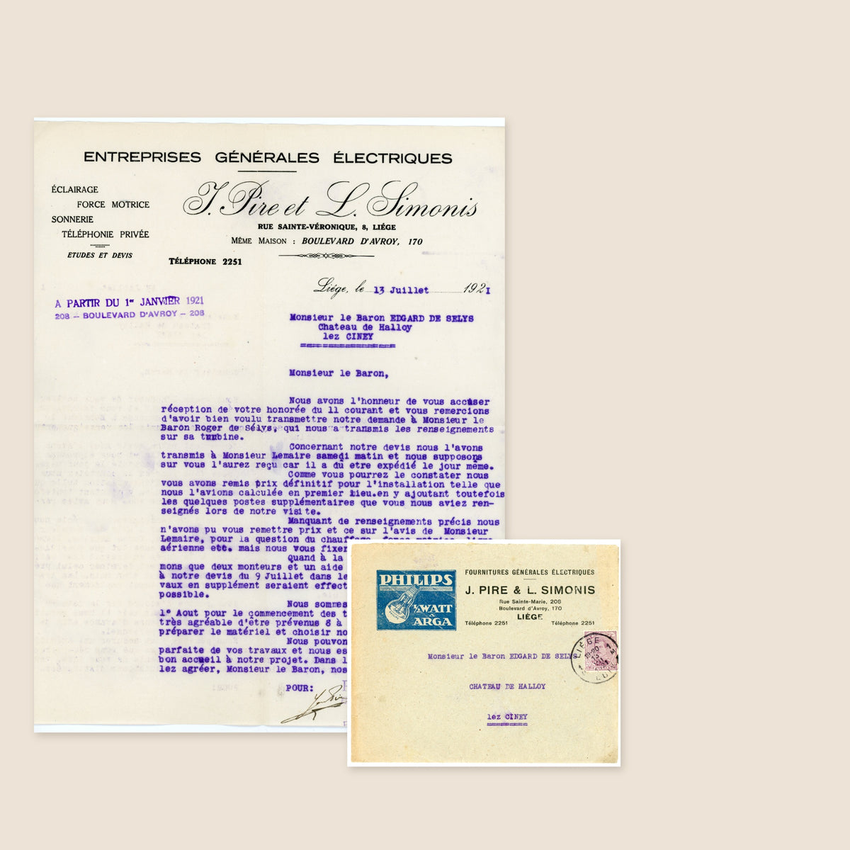 1921 Electrical Installation Letter & Philips Envelope – Selys Longchamps Archive